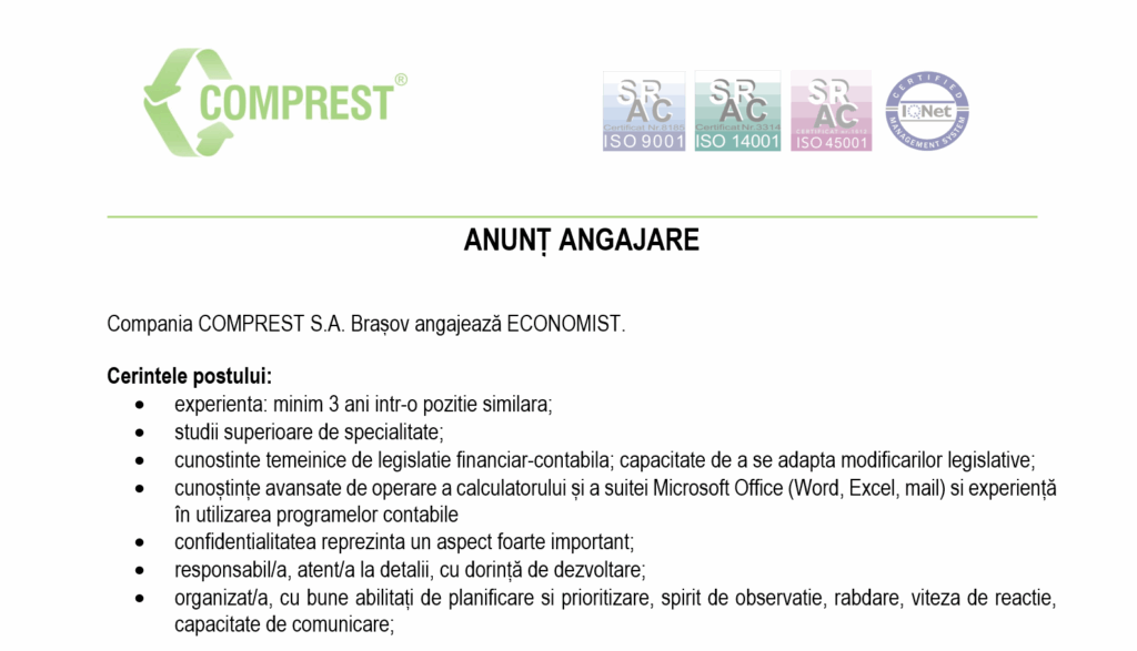 Compania COMPREST S.A. Brașov angajează ECONOMIST. post thumbnail image