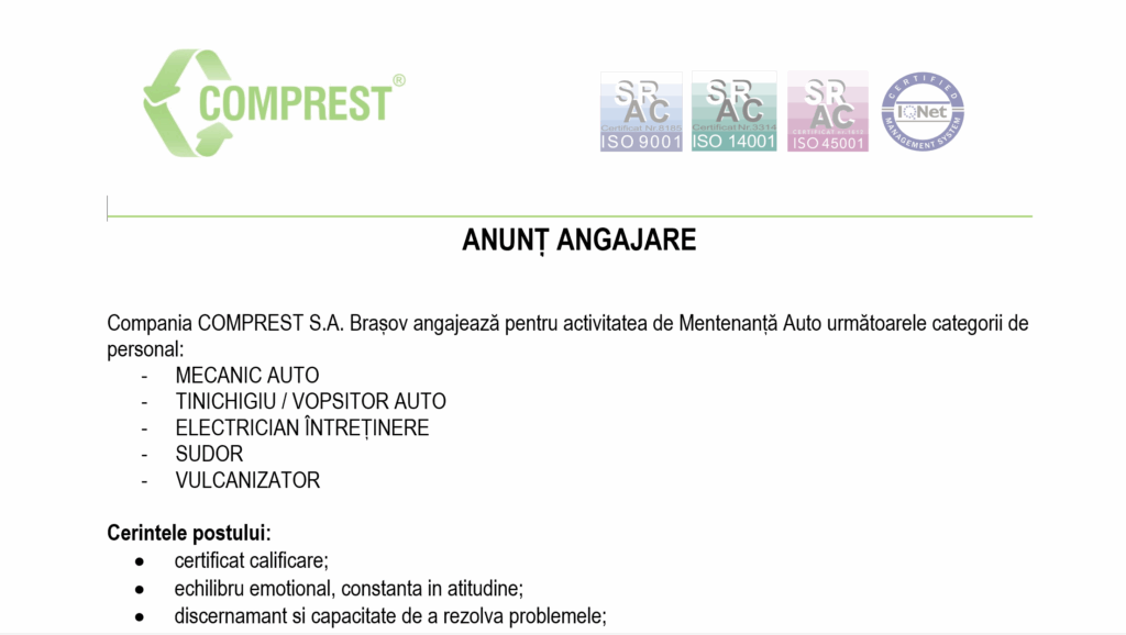 COMPREST S.A. Brașov angajează: MECANIC AUTO, TINICHIGIU / VOPSITOR AUTO, ELECTRICIAN ÎNTREȚINERE, SUDOR, VULCANIZATOR post thumbnail image