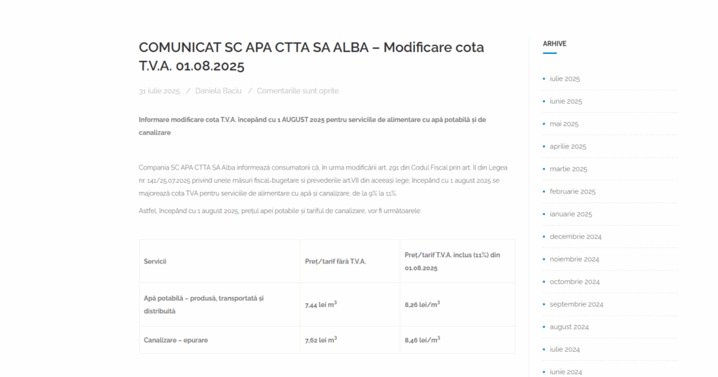 Modificare a cotei T.V.A. pentru serviciile de apă și canalizare începând cu 1 august 2025 post thumbnail image