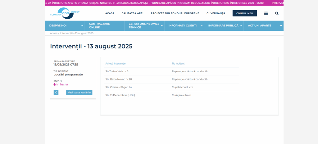 Compania de Apă Brașov anunță lucrări programate în 13 august 2025 post thumbnail image