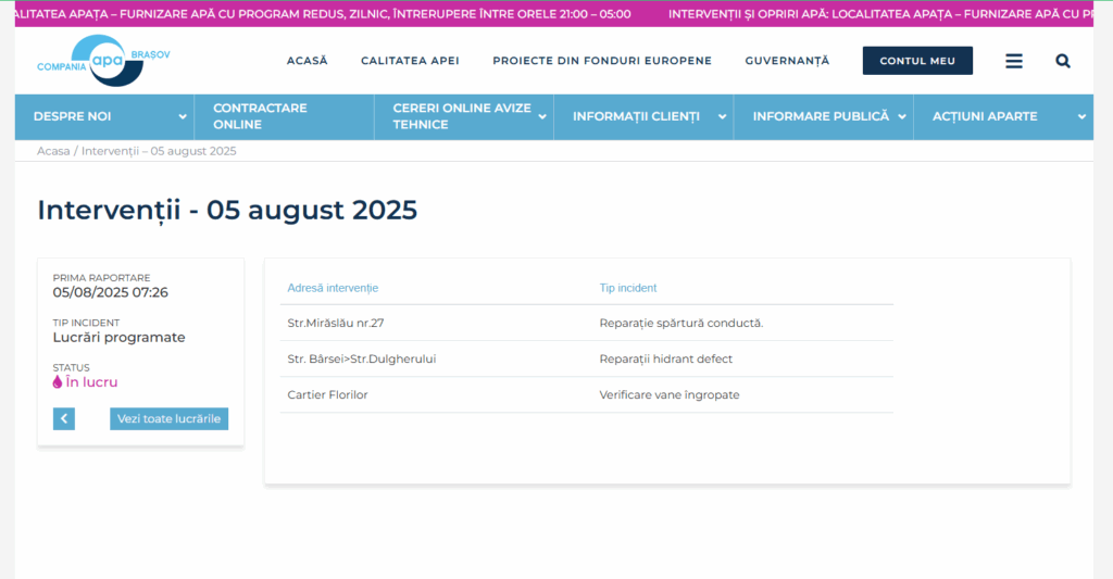 Compania Apa Brașov Intervenții programate în data de 5 august 2025 post thumbnail image