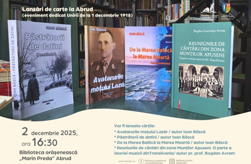 2 decembrie: Lansări și prezentări de carte la Abrud, eveniment cultural desfășurat pentru a marca importanța zilei de 1 Decembrie 1918