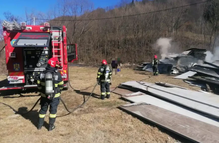 Mai multe panouri sandwich au luat foc pe un teren din Mogoș