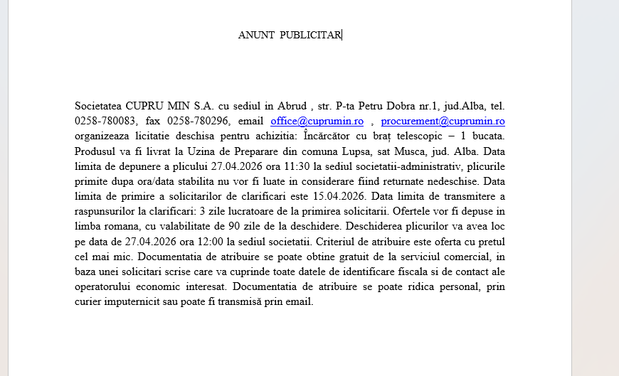 Licitatie deschisa pentru achizitia: Încărcător cu braț telescopic