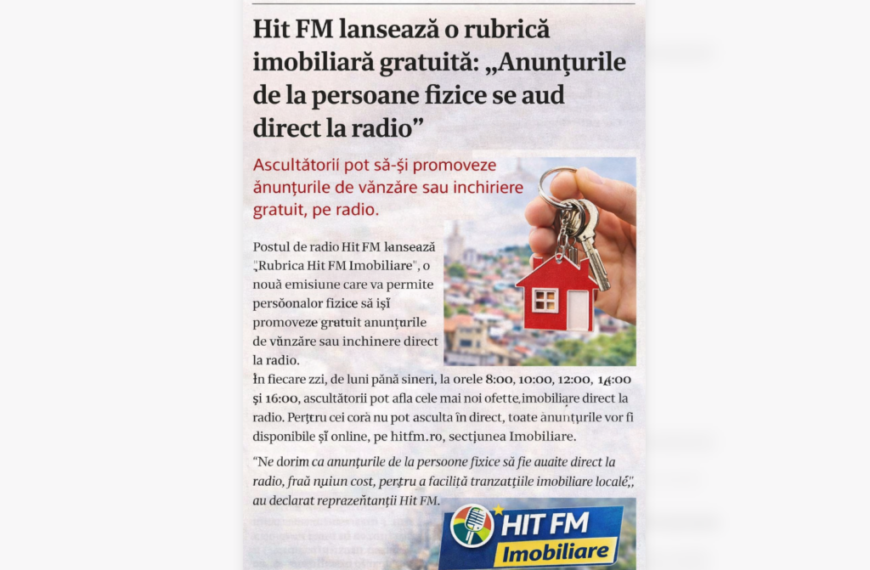 Hit FM ALBA lansează rubrica „Hit FM Imobiliare”. Anunțurile de la persoane fizice se difuzează gratuit