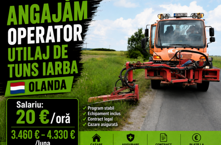 Salariu: 20 €/oră 3.460 € – 4.330 €/luna ANGAJĂM OPERATOR UTILAJ TĂIAT IARBĂ OLANDA