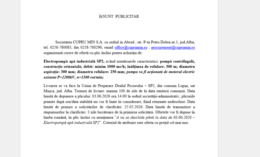 Cerere de ofertă cu plic închis pentru achiziția de:Electropompă apă industrială SP2