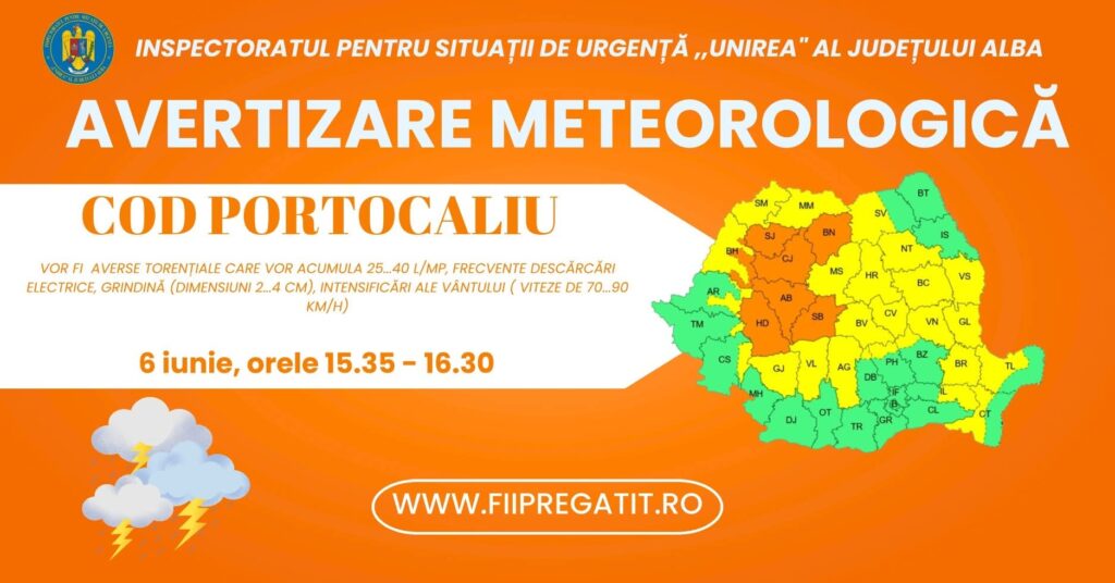 Atenționare Cod Portocaliu pentru mai multe localități din Alba. Averse torențiale, grindină și descărcări electrice