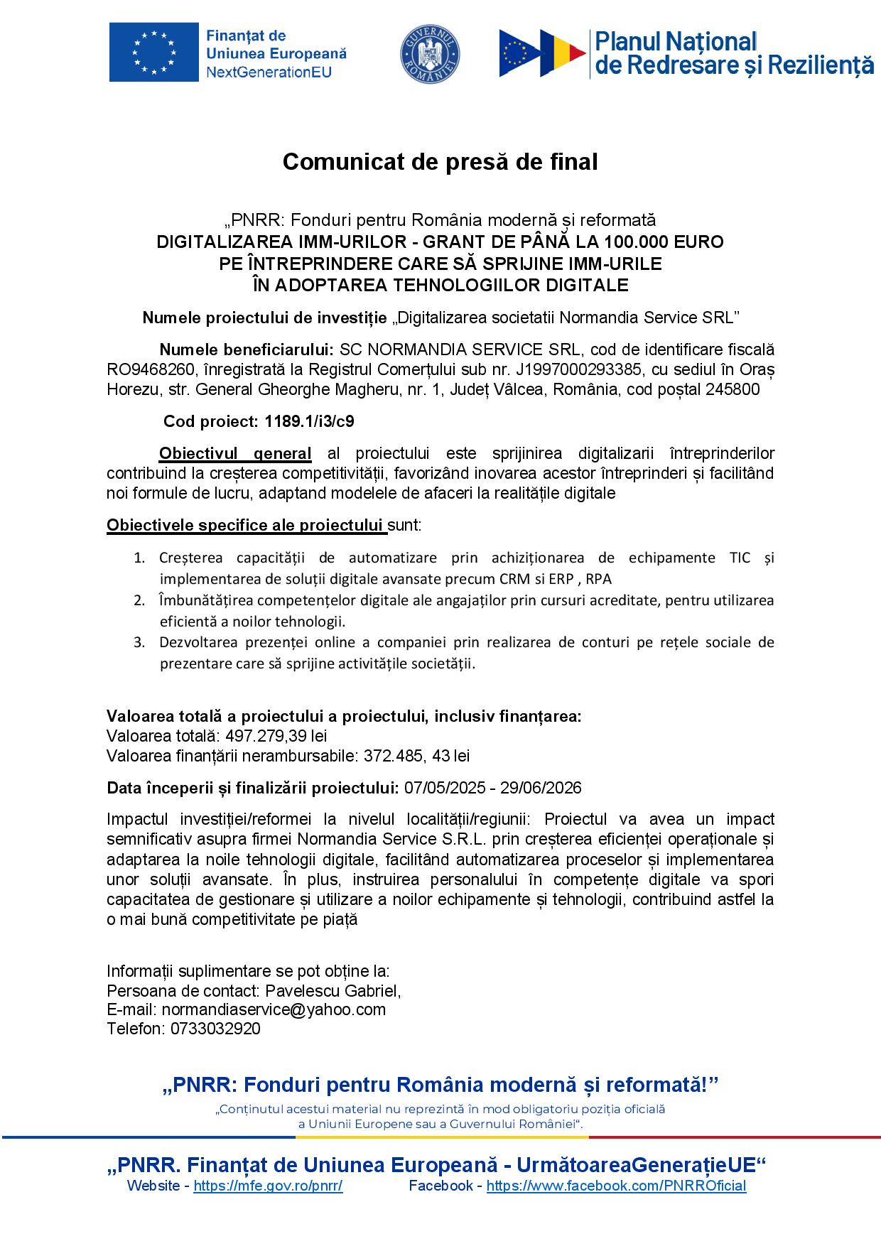 Digitalizarea societății Normandia Service SRL