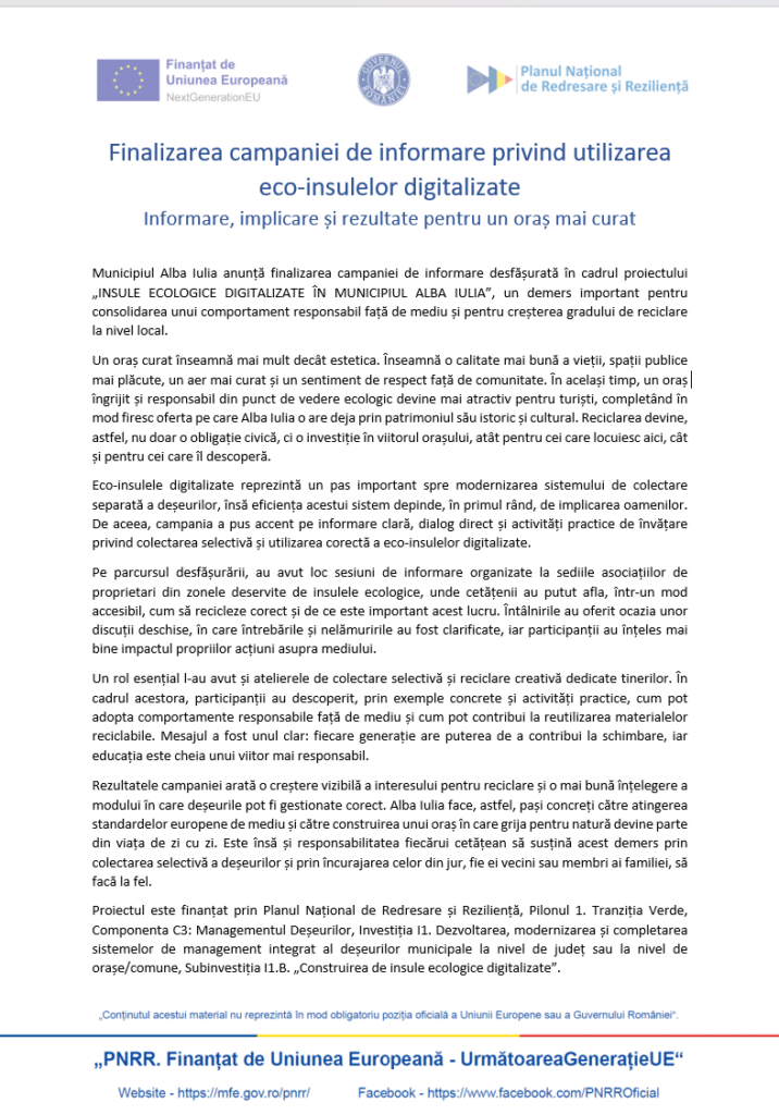 Finalizarea campaniei de informare privind utilizarea eco-insulelor digitalizate Informare, implicare și rezultate pentru un oraș mai curat