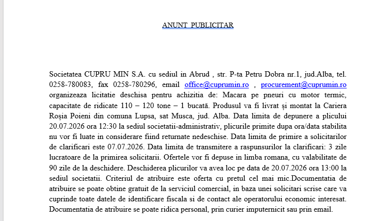 Licitatie deschisa pentru achizitia de: Macara pe pneuri cu motor termic, capacitate de ridicate 110 – 120 tone – 1 bucată