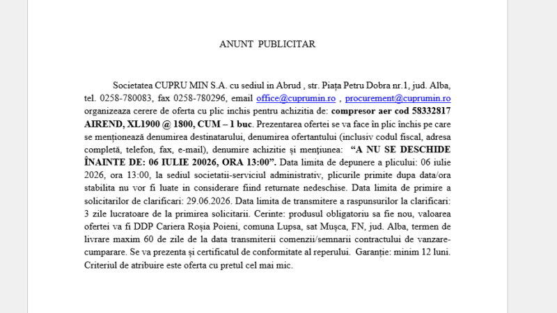 Organizeaza cerere de oferta cu plic inchis pentru achizitia de: compresor aer cod 58332817 AIREND, XL1900 @ 1800, CUM – 1 buc