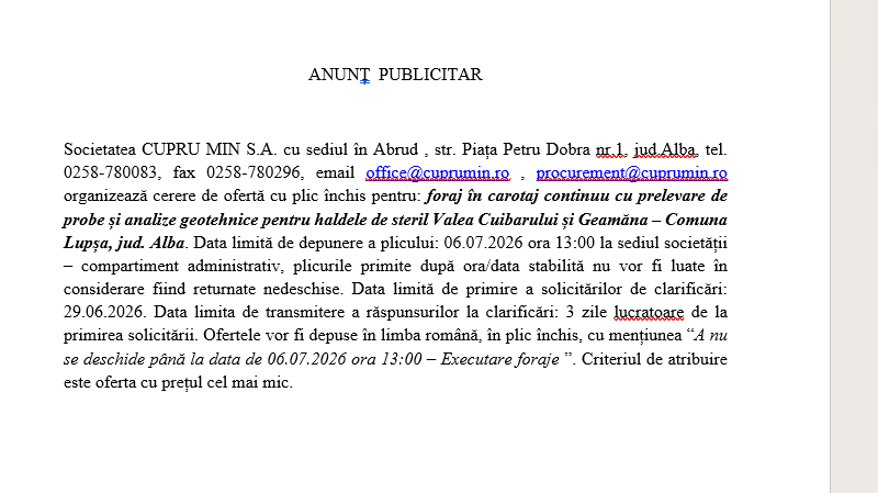  Organizează cerere de ofertă cu plic închis pentru: foraj în carotaj continuu cu prelevare de probe și analize geotehnice