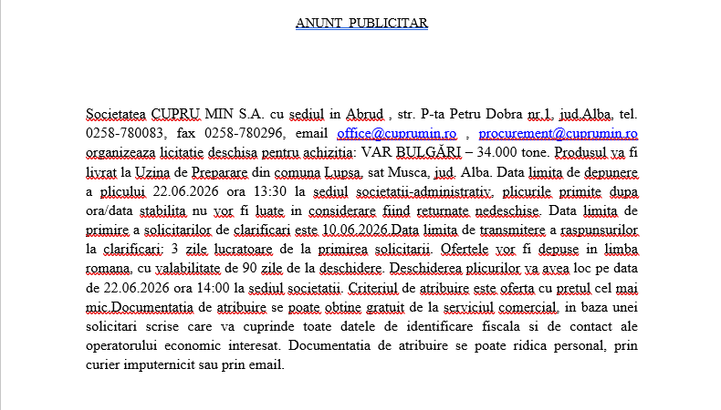 Licitatie deschisa pentru achizitia: VAR BULGĂRI – 34.000 tone.