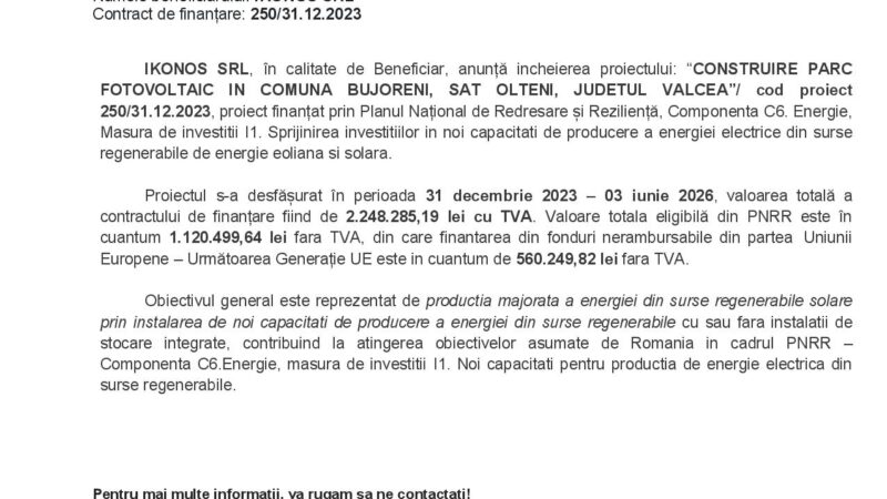 Investiție Verde în Valcea: Parc Fotovoltaic la Bujoreni