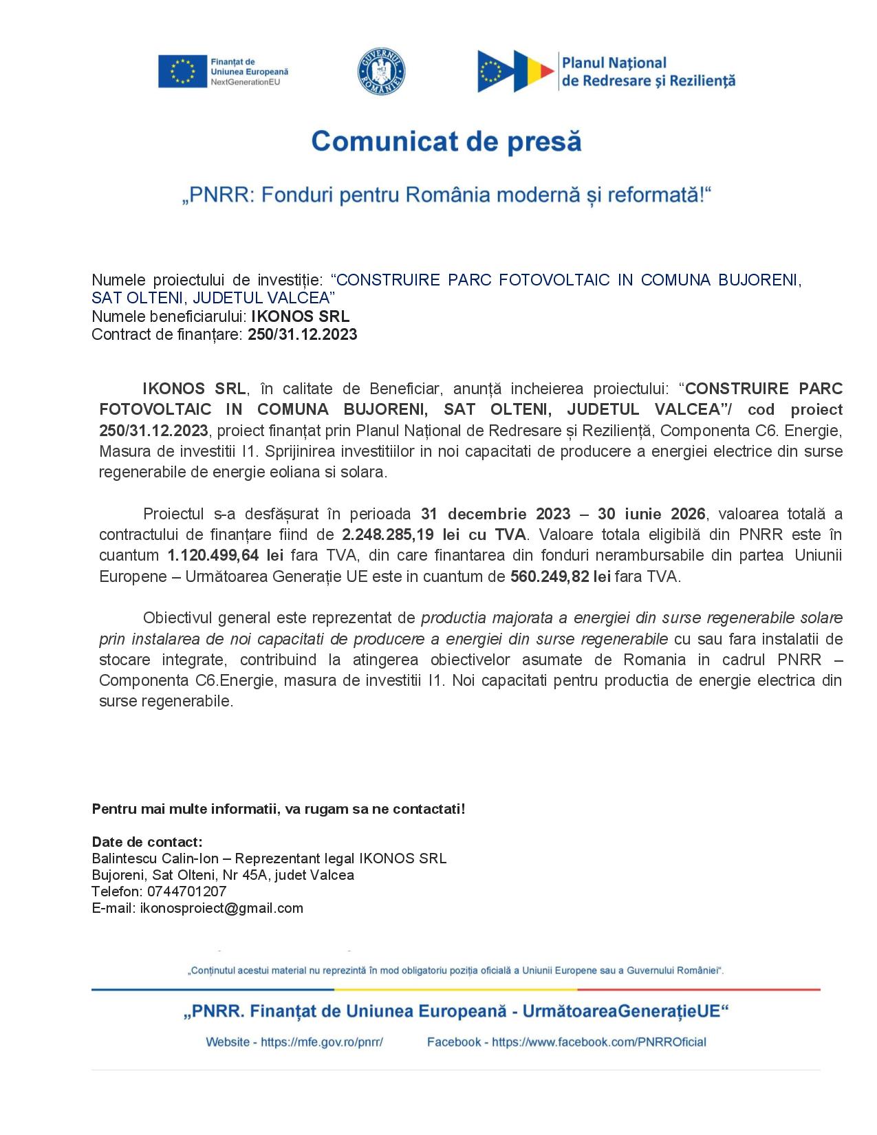 Proiect de parc fotovoltaic încheiat la Olteni