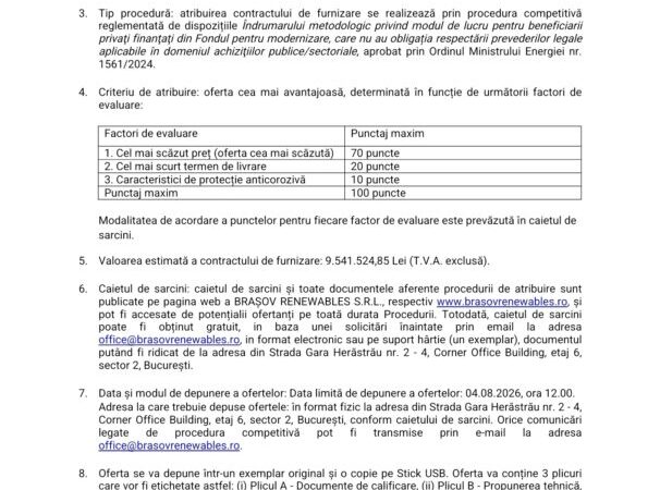 ANUNȚ privind inițierea procedurii competitive pentru atribuirea „Contractului de furnizare de structură metalică”