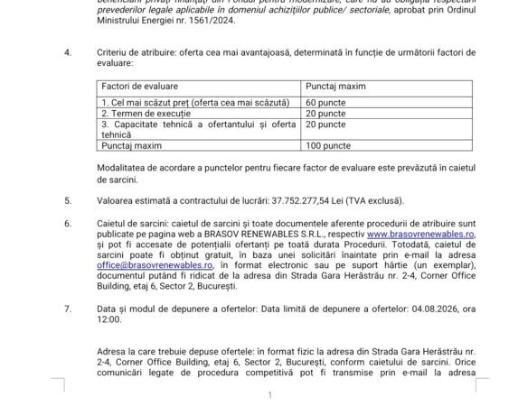 ANUNȚ privind inițierea procedurii competitive pentru atribuirea „Contractului de execuție de lucrări de construire parc fotovoltaic (inclusiv proiectare și furnizare de materiale)”