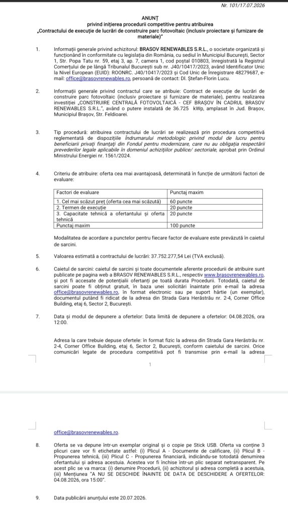 ANUNȚ privind inițierea procedurii competitive pentru atribuirea „Contractului de execuție de lucrări de construire parc fotovoltaic (inclusiv proiectare și furnizare de materiale)”