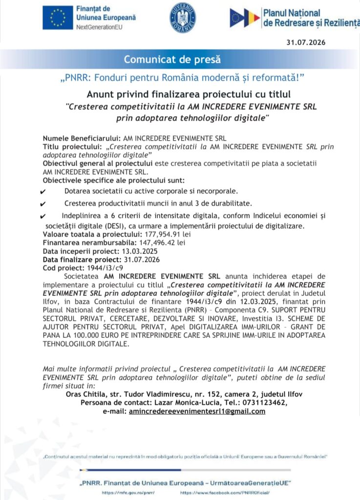 Digitalizarea IMM-urilor: Succes pentru AM INCREDERE EVENIMENTE SRL