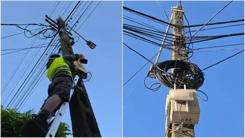 Fotoreportaj | Eliminarea cablurilor abandonate de pe stâlpi și clădiri într-un oraș din Alba: „Impact negativ asupra esteticii urbane”