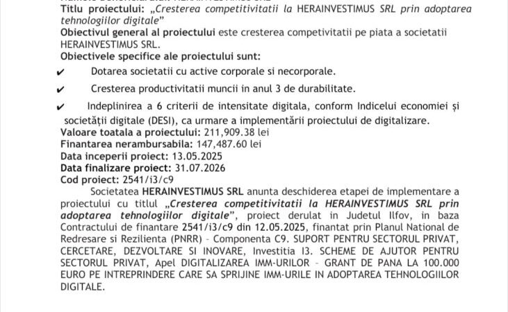 HERAINVESTIMUS SRL lansează proiect de digitalizare