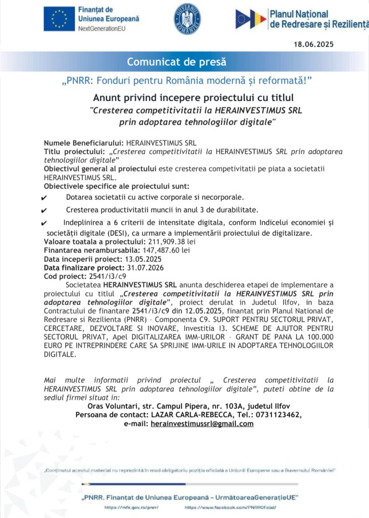 HERAINVESTIMUS SRL lansează proiect de digitalizare