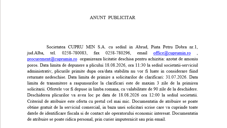 Licitatie deschisa pentru achizitia: azotat de amoniu poros