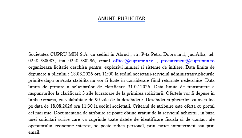 Licitatie deschisa pentru: explozivi minieri si sisteme de initiere.