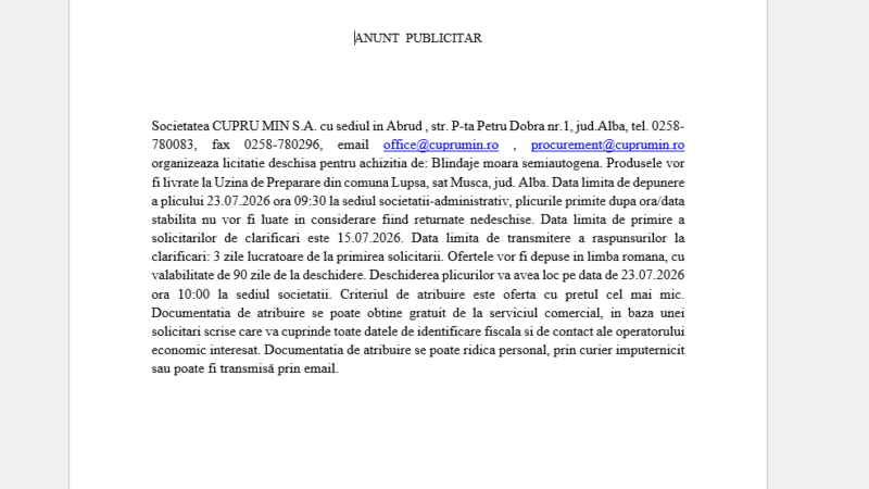 Licitatie deschisa pentru achizitia de: Blindaje moara semiautogena.