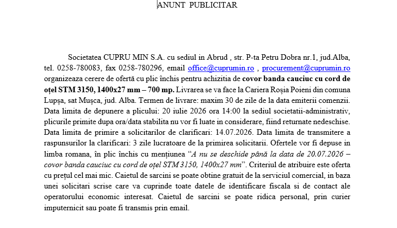 Cerere de ofertă cu plic închis pentru achizitia de covor banda cauciuc cu cord de oțel STM 3150, 1400×27 mm – 700 mp