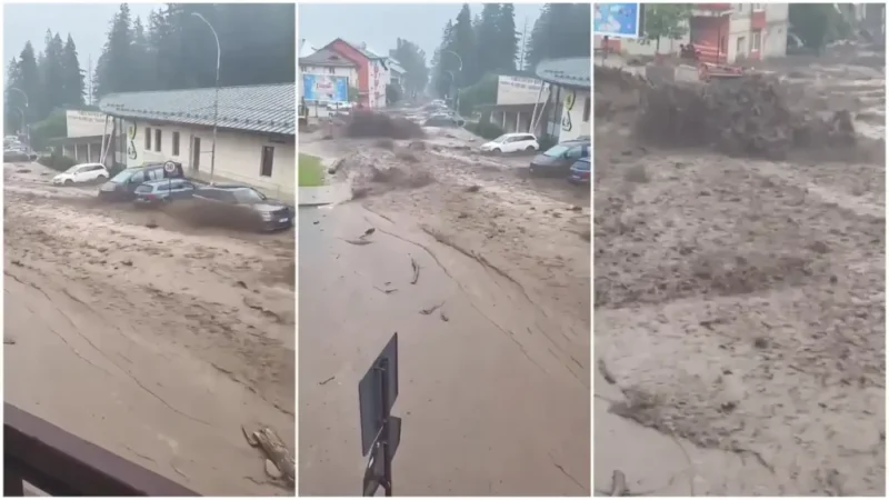 Imagini dezastruoase: Stațiunea Bușteni sub asediul unei viituri cauzate de o rupere de nori / „Ne așteaptă o zi dificilă”