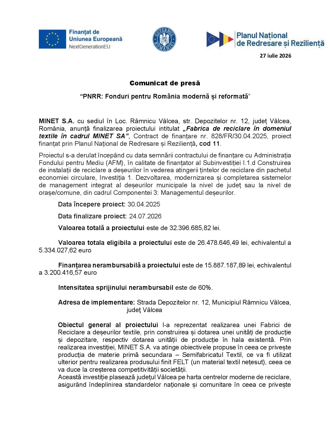 Lansarea Fabricii de Reciclare Textilă la MINET SA