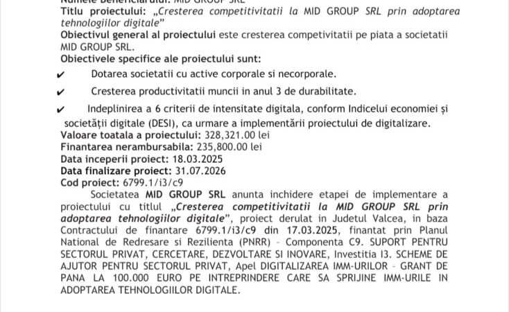 MID GROUP SRL: Proiect de crestere a competitivitatii prin tehnologii digitale
