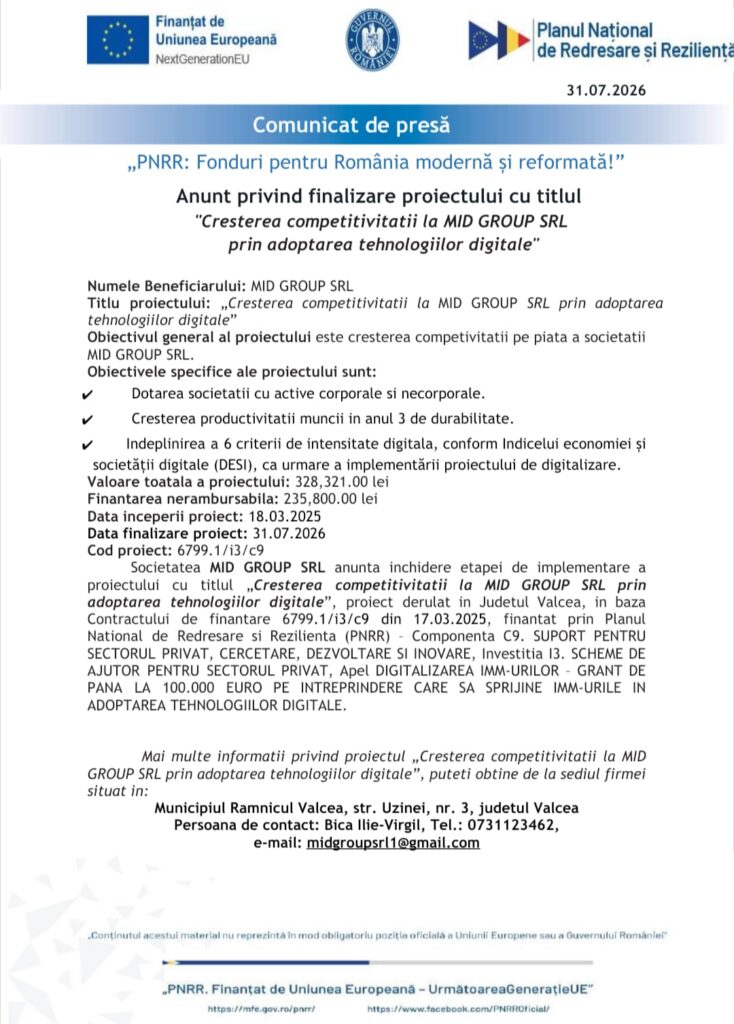 MID GROUP SRL: Proiect de crestere a competitivitatii prin tehnologii digitale