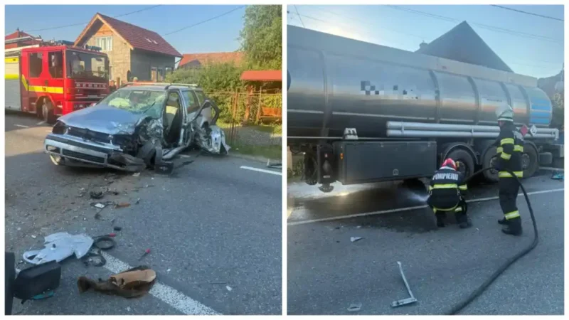 FOTO ACTUALIZAT | Coliziune pe DN1 la Unirea: Implicate un autoturism și o cisternă cu motorină. Traficul este blocat