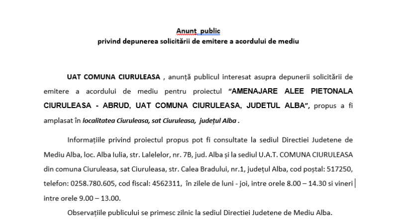 Anunț  public privind depunerea solicitării de emitere a acordului de mediu UAT COMUNA CIURULEASA