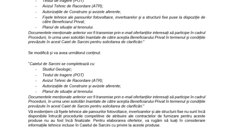 ERATA nr. 2 „CONTRACTULUI DE EXECUȚIE LUCRĂRI DE CONSTRUIRE PARC FOTOVOLTAIC (INCLUSIV PROIECTARE ȘI FURNIZARE MATERIALE)