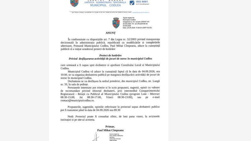 Codlea: Anunț dezbatere publică- Proiect de hotărâre privind desfășurarea activității de jocuri de noroc
