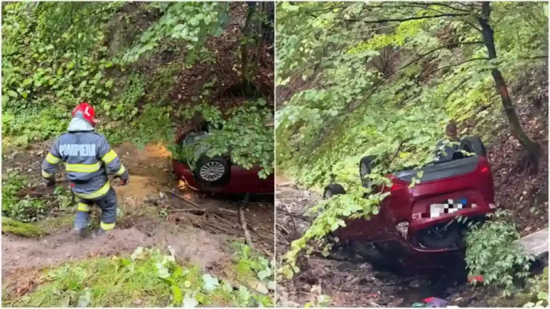 Foto | Incident rutier pe DN 74: Mașină răsturnată în râu la Bucium Cerbu