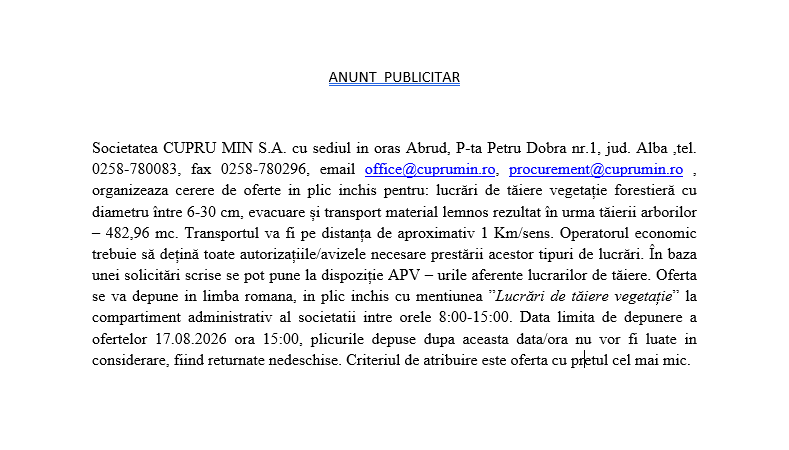 Cerere de oferte in plic inchis pentru: lucrări de tăiere vegetație forestieră