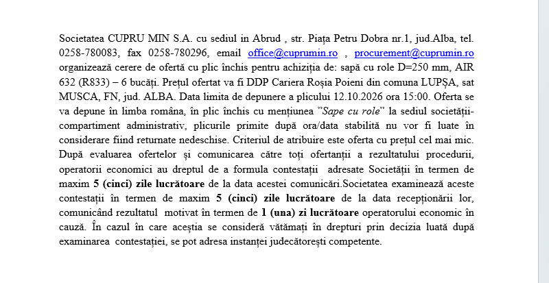 Cerere de ofertă cu plic închis pentru achiziția de: sapă cu role D=250 mm, AIR 632 (R833) – 6 bucăți