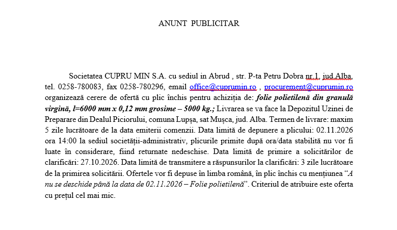 Cerere de ofertă cu plic închis pentru achiziția de: folie polietilenă din granulă